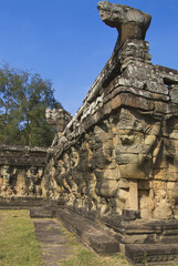 Wall carved with Garudas and lions, Terrace of the Elephants, Angkor Thom, Siem Reap, Cambodia,  Asia