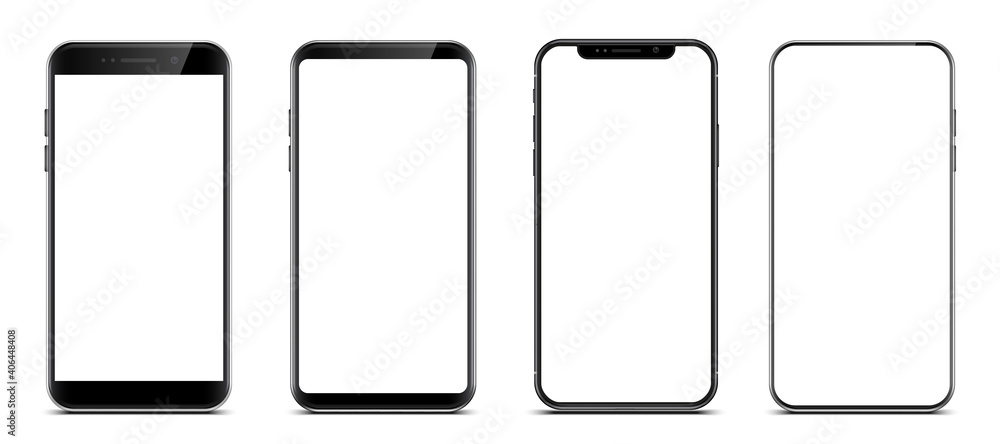Poster Set realistic trendy different black models smartphone mockup with white empty touch screen, evolution of smartphones. Detailed mockup smartphone, model mobile - stock vector