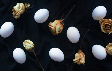 White eggs with dry roses on dark fabric background