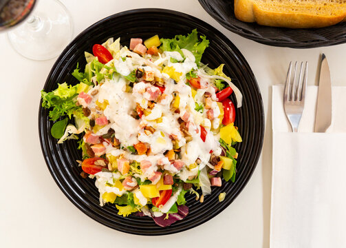 Tasty Summer Salad From Mix Of Fresh Herbs With Tomatoes, Juicy Chunks Of Pineapple, Toasted Spiced Pecans And Pieces Of Bacon With Creamy Mayo Dressing