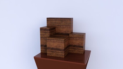 Minimal luxury brown fine wooden box podium and green leaves on white. 3d rendering