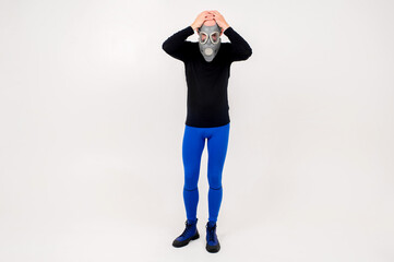 Funny strange man in respirator posing over white background