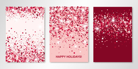 Set of three banners with red glitter confetti. Vector flyer design templates for wedding, invitation cards, save the date, business brochure design, certificates. All layered and isolated