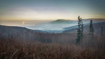 View from Szyndzielnia towards Bielsko-Biała durig dusk, with clouds slowly filling the valley, Silesian Beskids, Western Carpathians, Poland