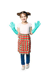 Little girl puts on gloves ready for cleaning. Mom's assistant isolated on a white background