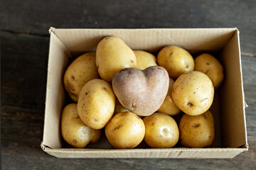 Red potato in the shape of a heart in a cardboard box among white potatoes.
