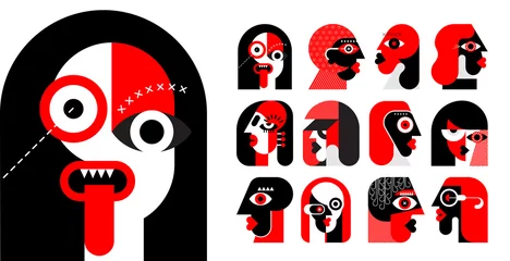 Photo sur Plexiglas Art abstrait Couleurs rouges et noires isolées sur fond blanc Douze portraits de personnes différentes illustration vectorielle. Ensemble d& 39 avatars vectoriels design plat.