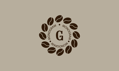 Coffee shop, vector logo on a light brown background. Creative vector sign, illustration of emblem with letter G. Minimalistic monogram on coffee background.