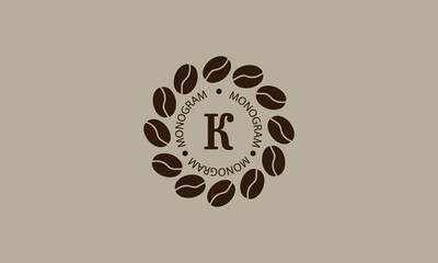 Coffee shop, vector logo on a light brown background. Creative vector sign, illustration of emblem with letter K. Minimalistic monogram on coffee background.