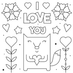 I love you. Coloring page. Vector illustration of fox.