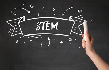 Hand drawing STEM abbreviation with white chalk on blackboard