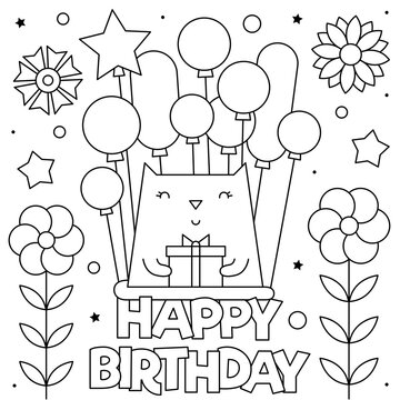 Happy Birthday. Coloring page. Vector illustration of a cat.