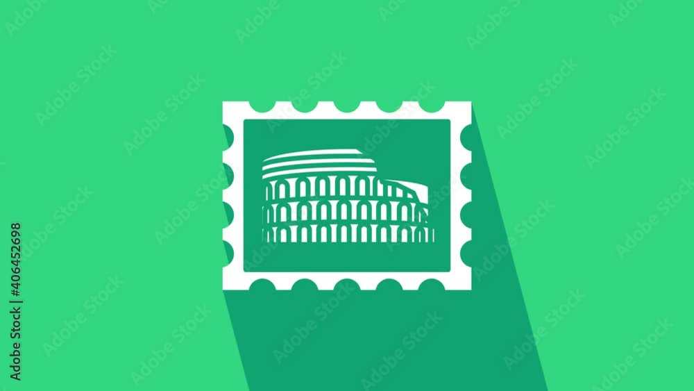 Sticker white postal stamp and coliseum icon isolated on green background. colosseum sign. symbol of ancient