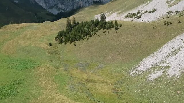 Aerial views of a Valley in the mountains of Les Cornettes de Bise, France