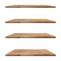 4 Wood shelves table isolated on white background and display montage for product.