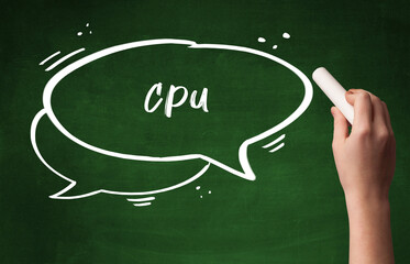 Hand drawing CPU abbreviation with white chalk on blackboard