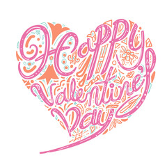 Pink Happy Valentines Day lettering with doodle pattern in heart shape.