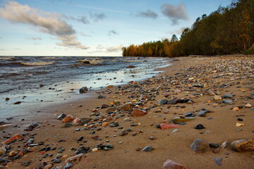 Russia. Republic of Karelia. Sandy and rocky shore in the North of Lake Onega near the city of Medvezhyegorsk.