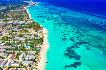 Aerial drone view of Bavaro Beach, Punta Cana resort in Dominican Republic. Travel and vacation...