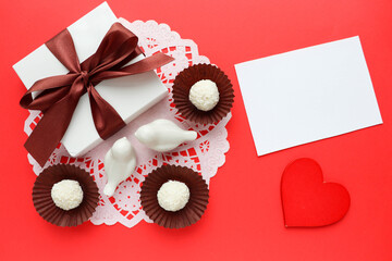 valentine's day background. candies and sweets. gift box, red heart and chocolates
