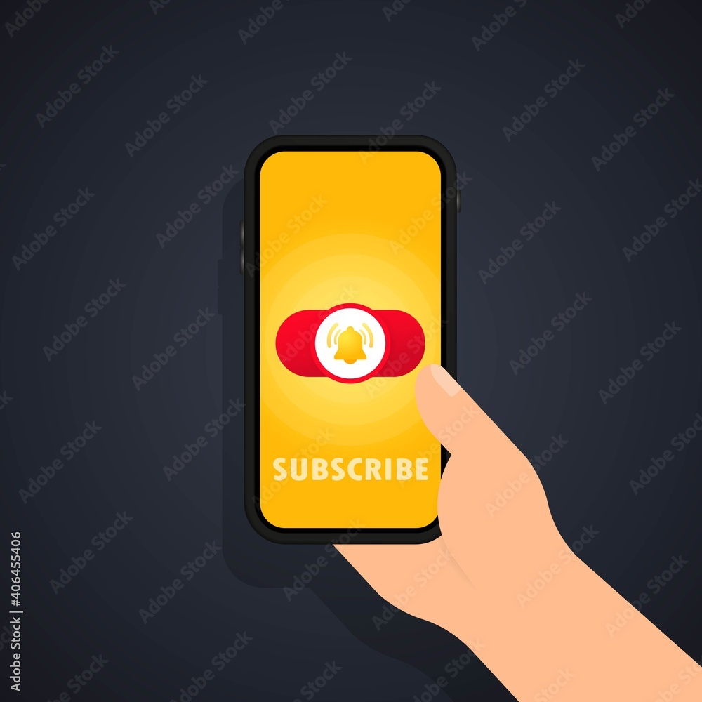 Poster subscribe button template with the notification bell on smartphone screen in hand. subscribe red but