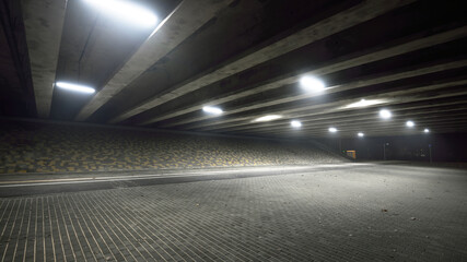 An empty illuminated motorway, bicycle road and pedestrian walkway under the bridge in a fog at night. Dark urban scene. Riga, Latvia. Dangerous driving, concept image