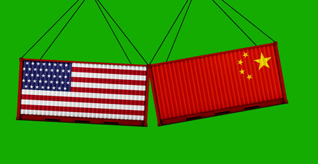 USA vs China trade war. US of America and Chinese flags on crushed containers,  cloudy sky background, banner. 3d illustration. green screen