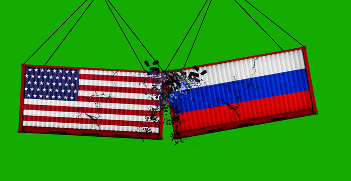 USA And Russia Trade War Concept. US Of America And Russian Flags Crashed Containers . 3d Illustration. Green Screen