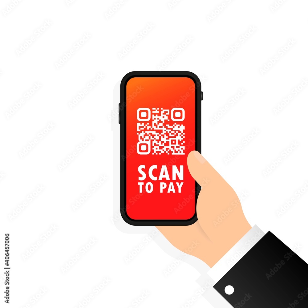 Poster scan qr code to pay with mobile phone. smartphone scanning qr-code. barcode verification. scanning t