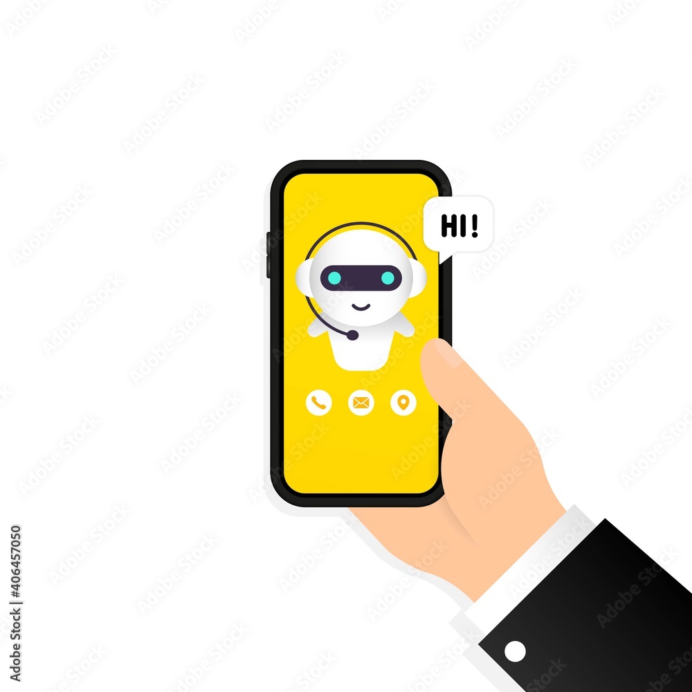 Poster chatbot in smartphone illustration. hi message. online assistant bot landing page template. dialog. 
