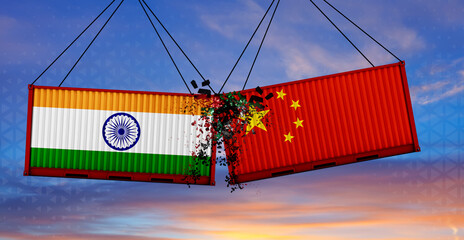Trade war. Two freight containers with China and india flag crashing into eachother. 3D Rendering .