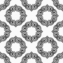 Abstract seamless pattern with symmetric geometric shapes. Repeating tiles, ornament. Modern stylish texture. Vector monochrome background.