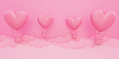 Fototapeta na wymiar Valentine's day, love concept background, pink 3d heart shaped hot air balloons flying in sky with paper cloud