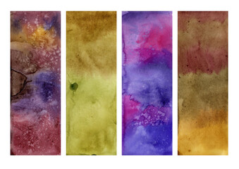 Set of watercolor texture illustrations. 
Isolated over white background. 
Purple, brown, marsh. Grunge.