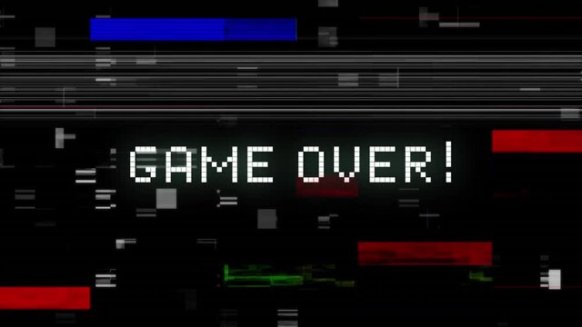 Game over written in white distorting on black background with colourful interference