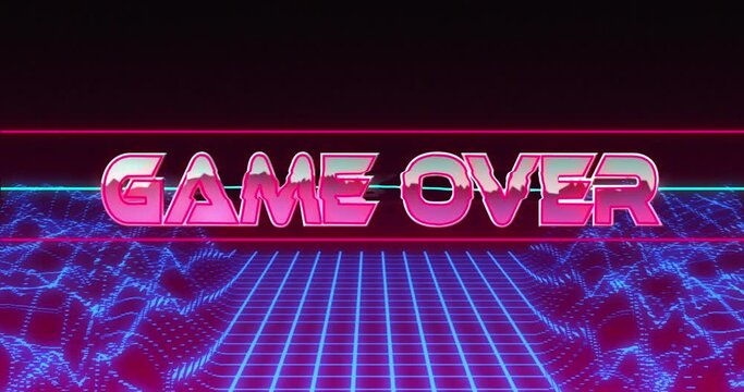 Game over written in pink metallic on black background with blue distorting grid