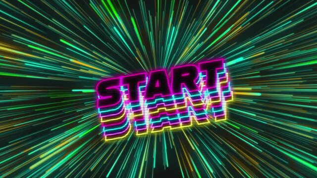 Start written in neon outlines over green and yellow starburst