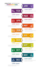 Timeline presentation for 12 months, 1 year, Timeline infographics design vector and Presentation business can be used for Business concept with 12 options, steps or processes.