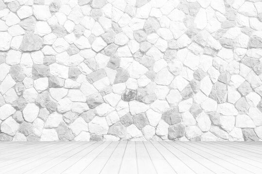 White Wood Floor with Stone Wall Texture Background, Suitable for Presentation, Mock up, and Backdrop. © mesamong