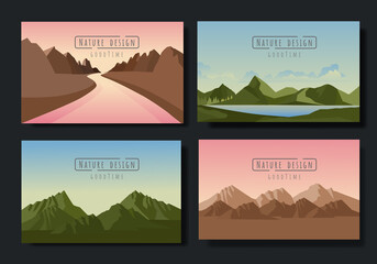 Fototapeta na wymiar Landscapes vector set, flat style. Natural wallpapers are a minimalist, polygonal concept.