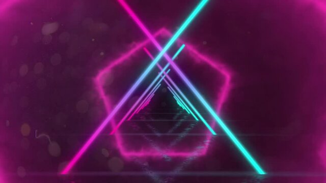 Colorful hazy hexagon outlines moving over crossed blue and pink neon beams