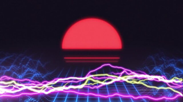 Neon electrical currents over red rising sun with distorting blue grid below on black background