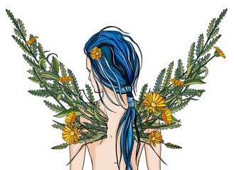 plant wings on the back.  the girl with blue hair has grown wings.  wings of grass and flowers from a girl on an isolated background