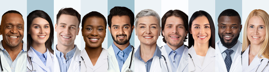 Row Of Professional Doctors Headshots With Multiracial Medical Workers, Collage