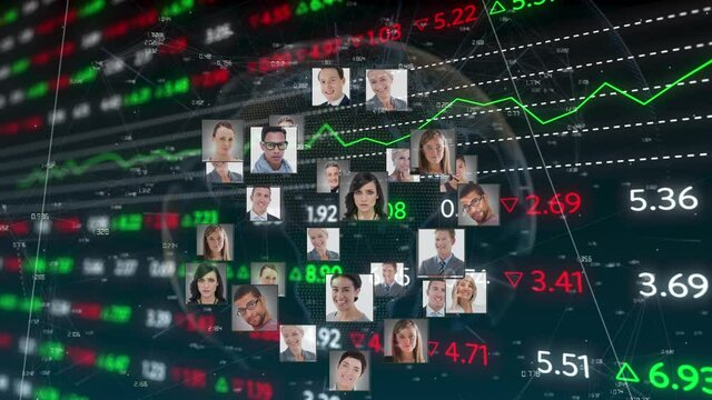 Animation of stock exchange financial data processing and globe formed with photos of people network