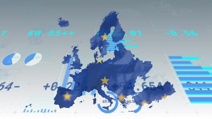 Animation of stock exchange financial data processing over map of european union - Powered by Adobe