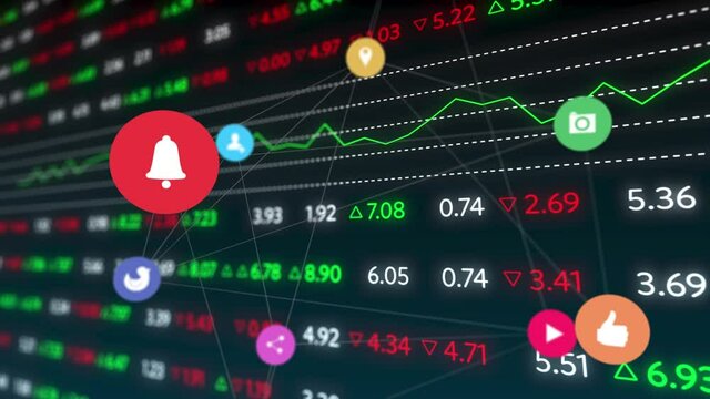 Animation of line with stock exchange financial data processing and social media digital icons