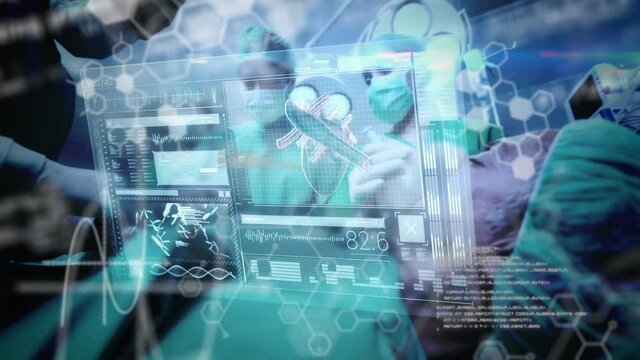 Animation of medical data processing and chemical compound structures with doctors in the background