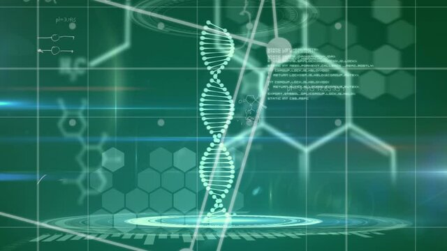 Animation of dna strand, medical data processing and chemical compound structures on green backgroun