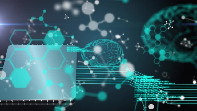Animation of medical data processing, human brain and chemical compound structures